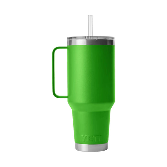Green insulated handled tumbler with clear straw and silver lid