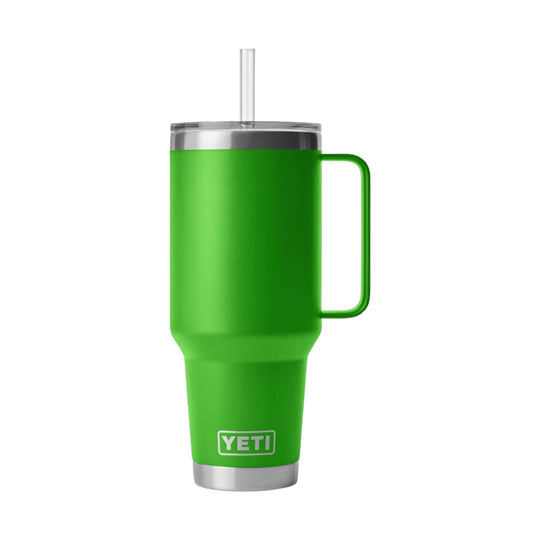 Green insulated tumbler with clear lid, straw, and side handle