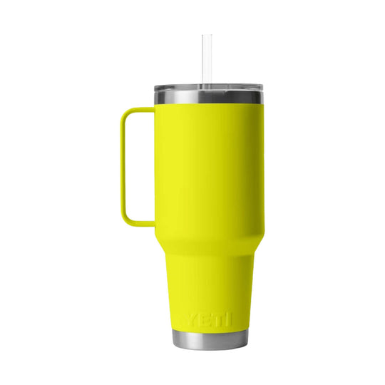 Tall yellow insulated tumbler with handle, clear straw, and stainless steel rim
