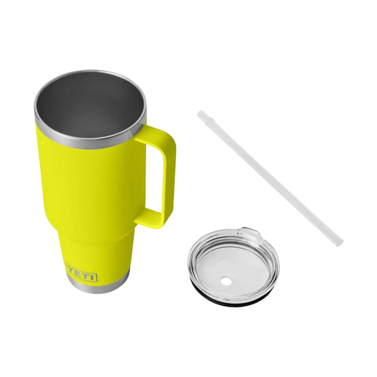 Yellow insulated tumbler with handle, lid, and straw