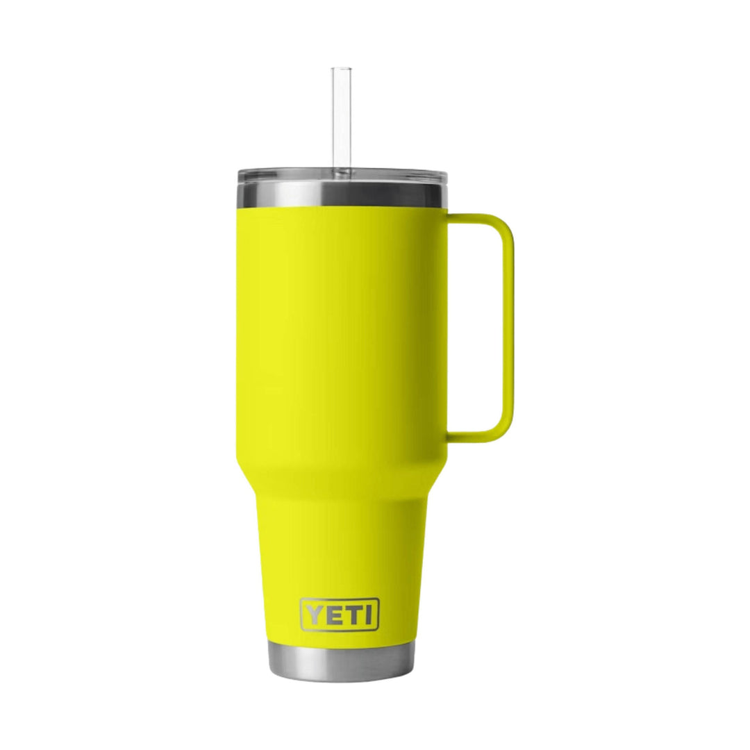 Yellow insulated tumbler with a clear straw lid, handle, and metal base