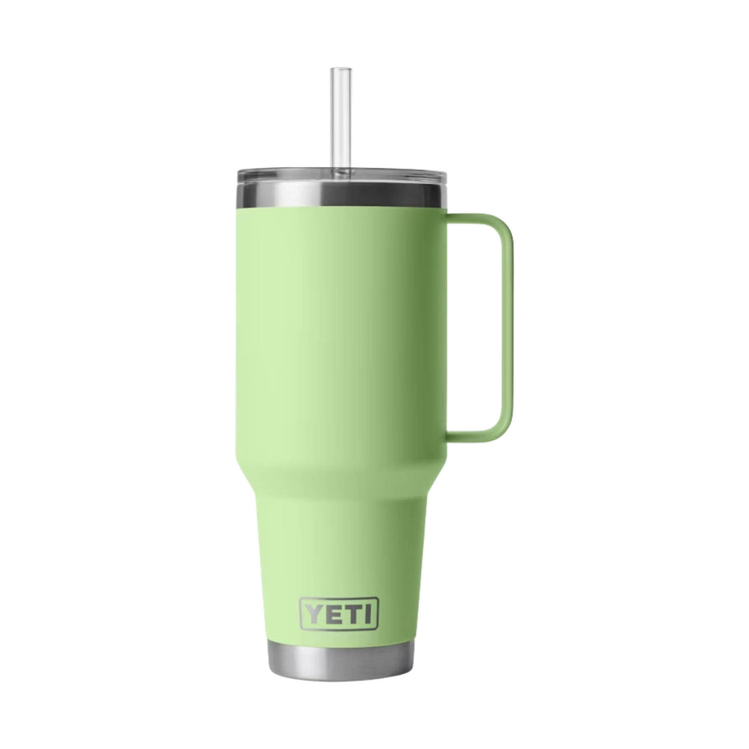 Light green insulated tumbler with handle, clear straw lid, and YETI logo