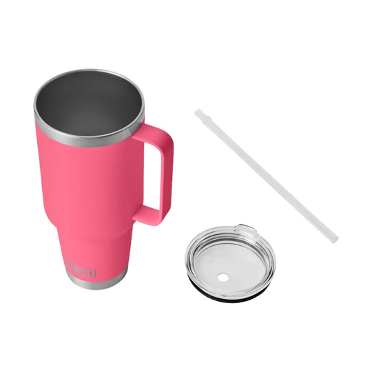 Pink insulated tumbler with handle, clear lid, and reusable straw