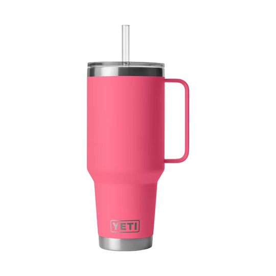 Pink handled stainless steel tumbler with clear straw and metal base