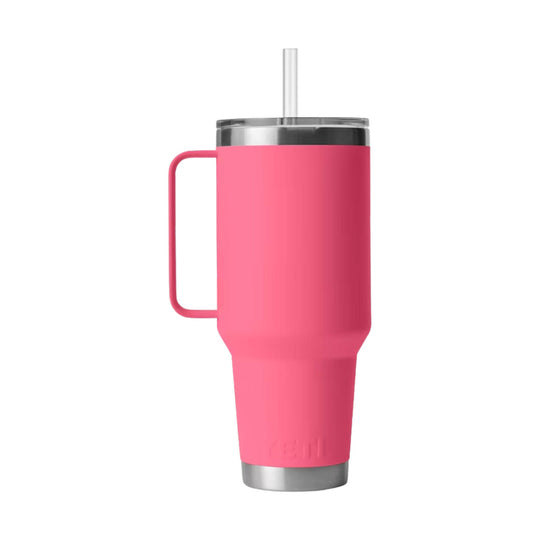 Pink handled insulated tumbler with a clear straw and stainless steel rim