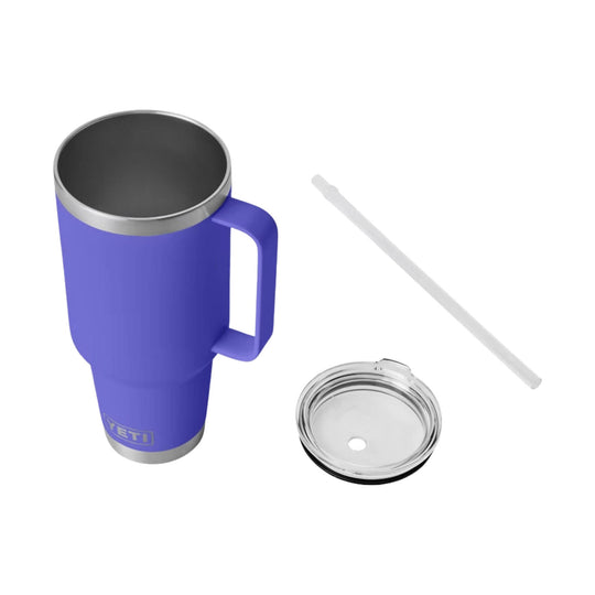 Purple insulated mug with handle, clear straw lid, and reusable straw