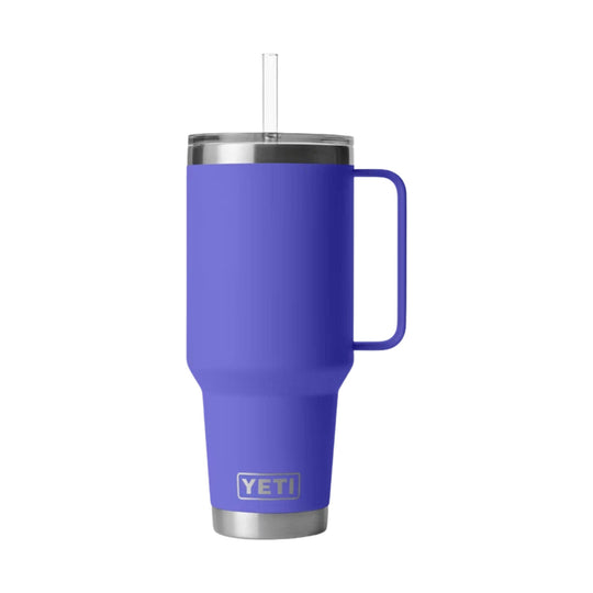 Purple handled tumbler with clear straw lid and YETI logo