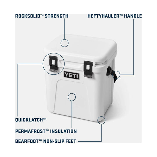White hard cooler with front latches and a side handle, shown with callouts for strength, handle, latch, insulation, and non-slip feet.