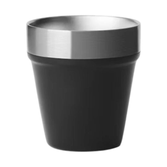 Black tapered shot glass with a stainless steel rim
