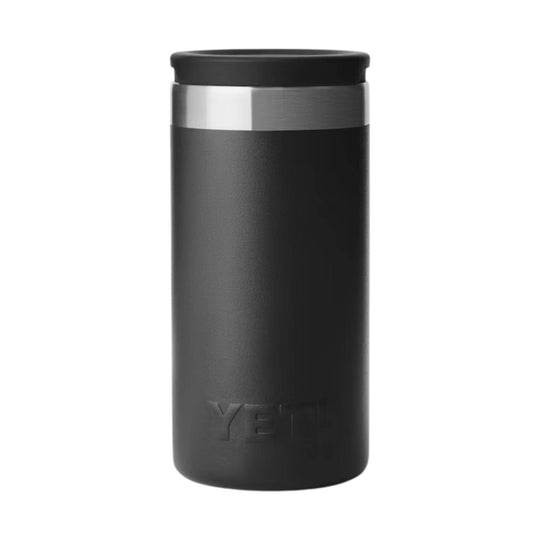 Black insulated tumbler with a stainless steel band near the top and embossed YETI logo near the bottom