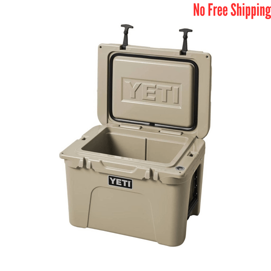 Beige hard cooler with open lid and black latches, shown on a white background