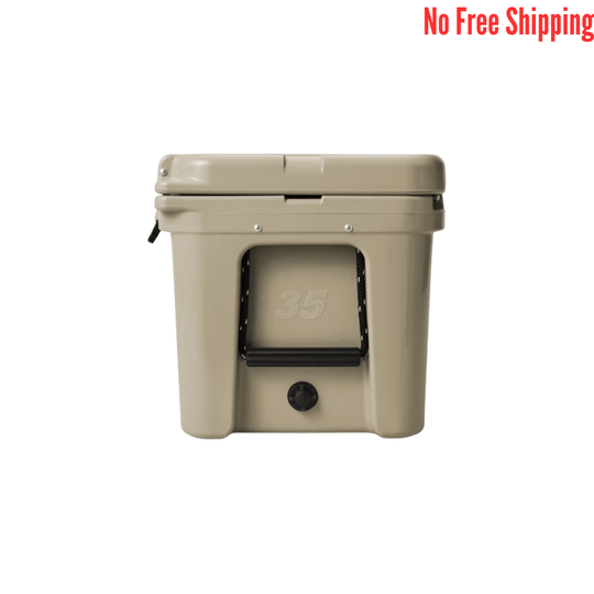 Beige hard cooler shown from the front with a top lid, black latch, and drain plug