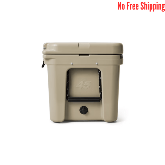 Beige hard cooler with a front latch, recessed handle, and embossed 45 on the front