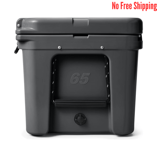 Dark gray hard cooler with a large front cutout, embossed 65, and a side latch