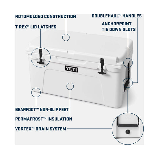 White hard cooler with labeled features, including rotomolded construction, T-Rex lid latches, BearFoot non-slip feet, and Vortex drain system