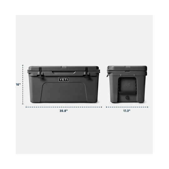 Dark gray hard cooler shown front and side views with visible dimensions