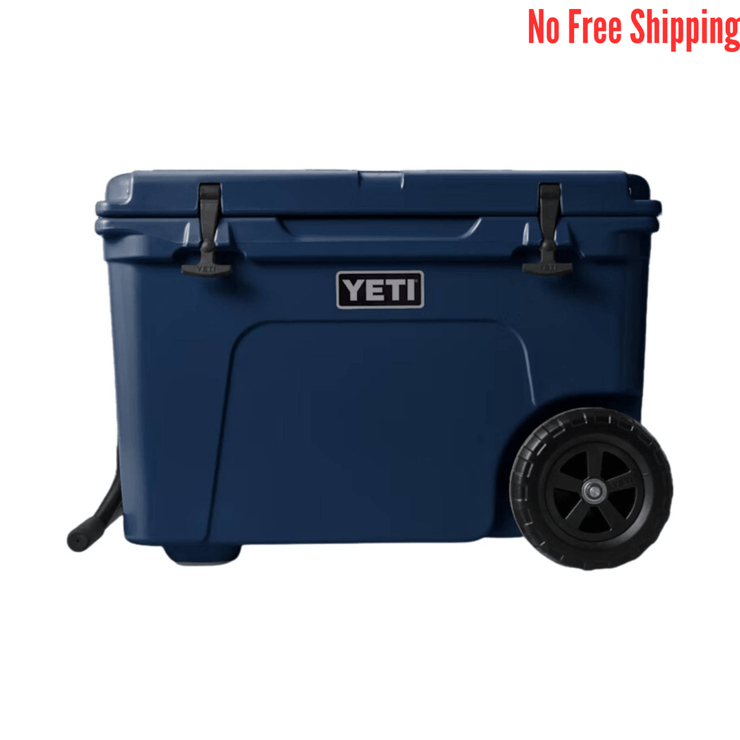 Blue wheeled cooler with black handles and one large wheel