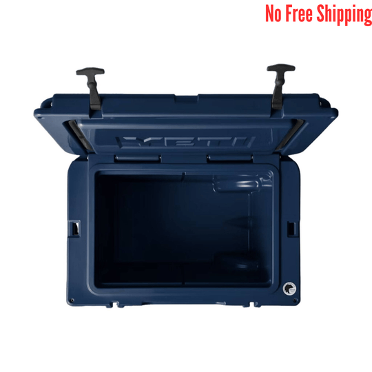 Blue wheeled cooler with open lid and black latches