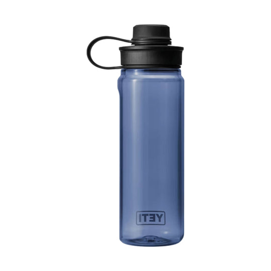 Translucent blue water bottle with black tethered cap