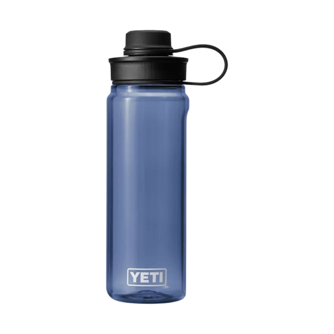 Transparent blue water bottle with black tethered cap and white logo
