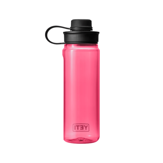 Pink translucent water bottle with black tethered cap and loop handle