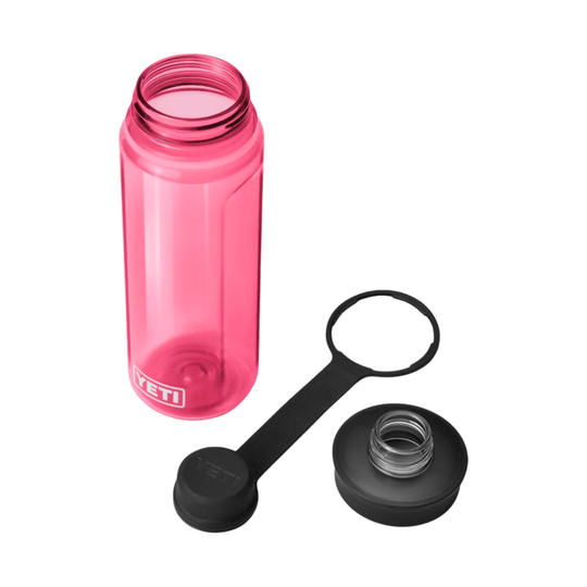 Pink translucent water bottle with a black tethered cap and removable lid