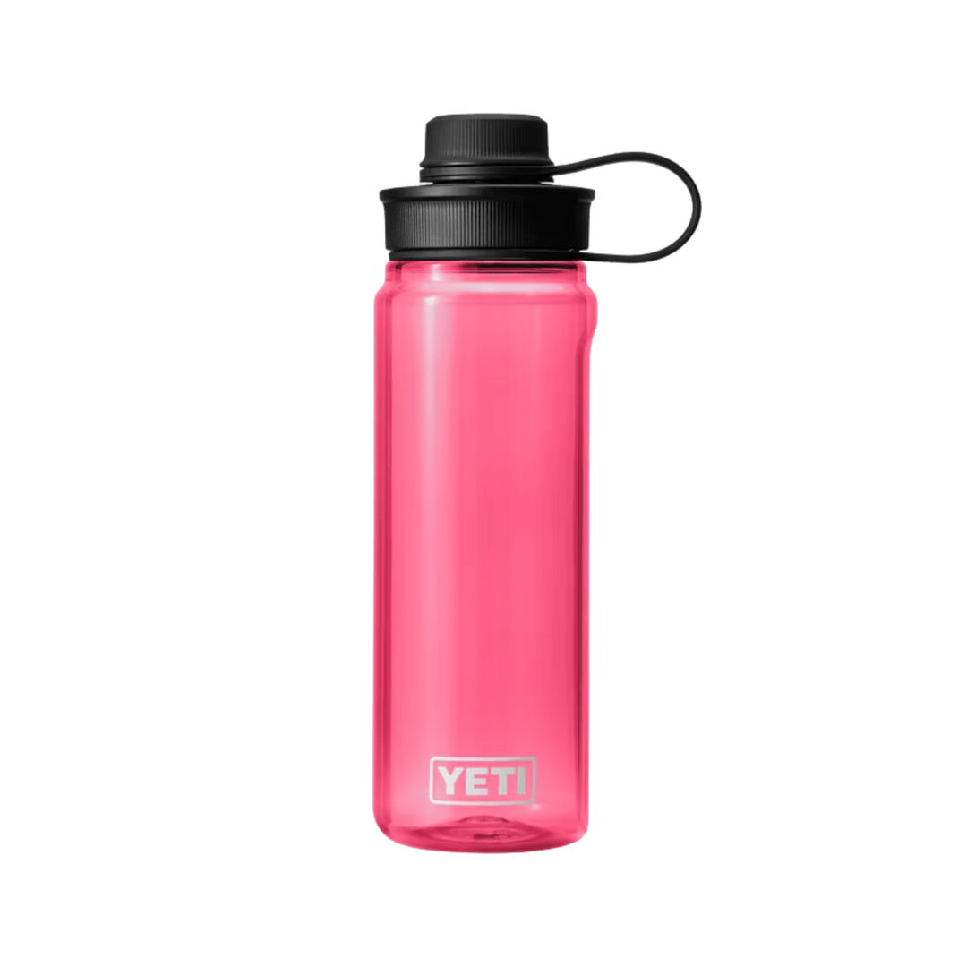 Translucent hot pink water bottle with black tethered screw cap