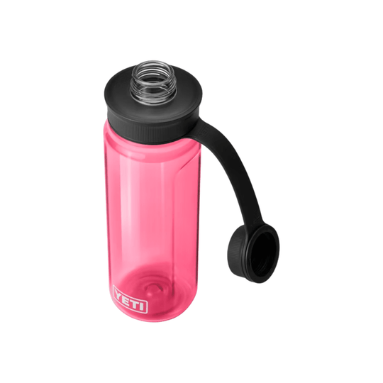 Pink translucent water bottle with black tethered cap and screw-on lid