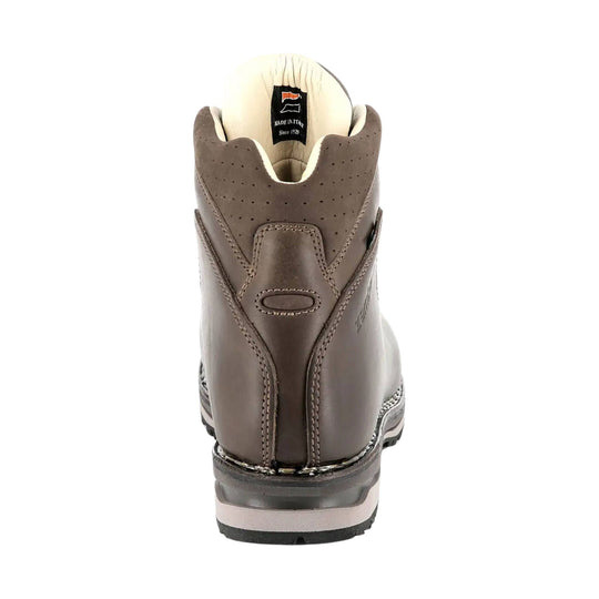 Brown leather hiking boot viewed from the back, with padded collar and stitched heel panel