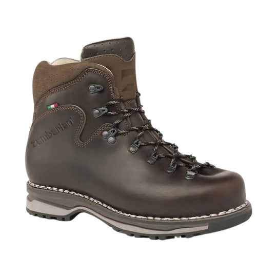 Brown leather hiking boot with lace hooks, lug sole, and embossed Zamberlan branding