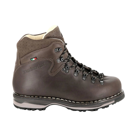Brown leather lace-up hiking boot with black hardware and a padded collar
