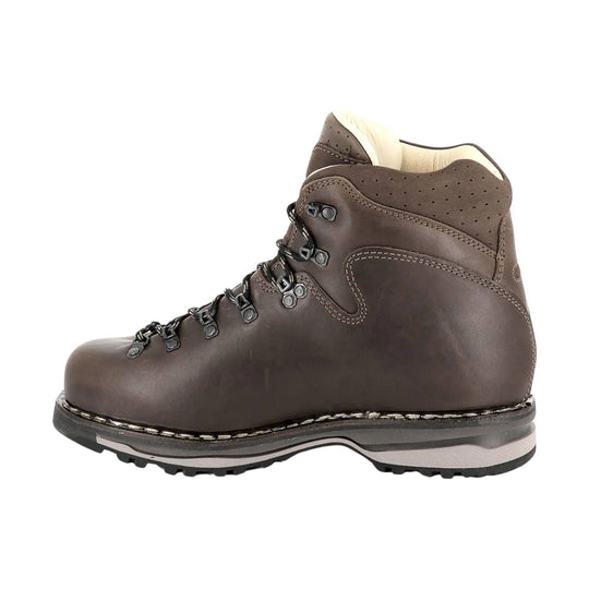 Brown leather hiking boot with black laces, tan padded collar, and lug sole, side view