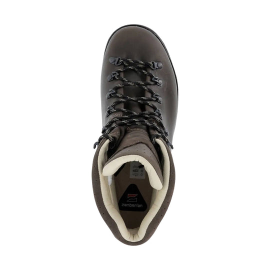 Brown leather hiking boot with black bungee laces and cream padded collar, top view