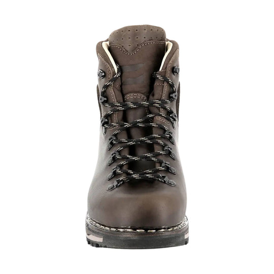 Brown leather hiking boot with black-and-white laces and a rugged tread sole, front view