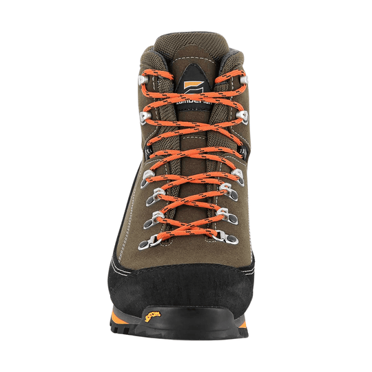 Brown and black hiking boot with orange laces and metal eyelets, shown from the front