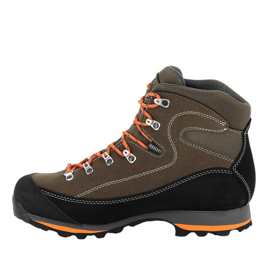 Brown and black hiking boot with orange laces and metal eyelets, side view