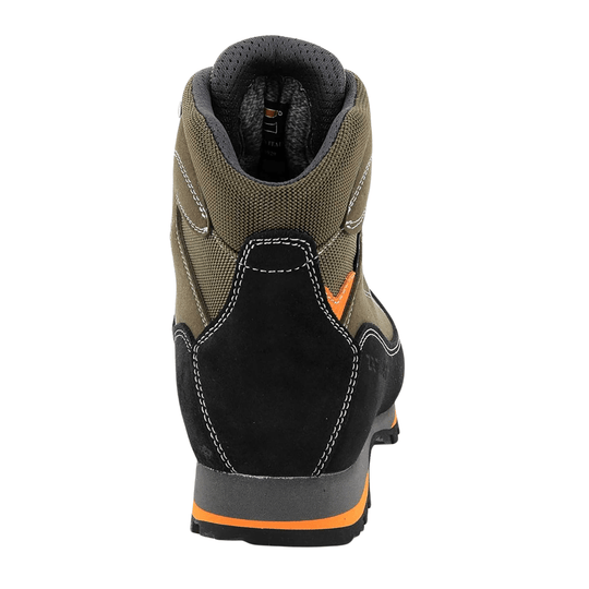 Rear view of an olive and black hiking boot with orange sole trim and white stitching