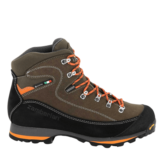 Brown and black hiking boot with orange laces and metal eyelets, side view