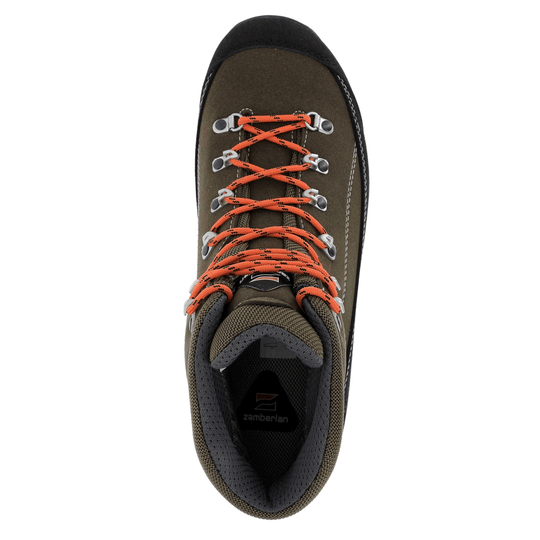 Olive and black hiking boot with orange laces, shown from above