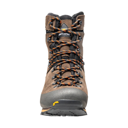 Brown and black leather hiking boot with orange-and-black laces, front view