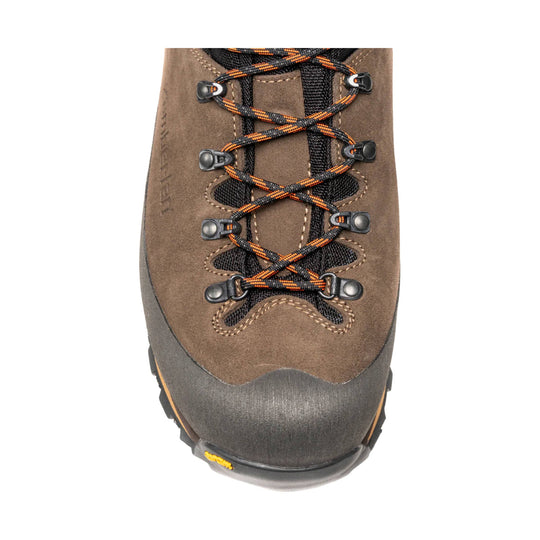 Brown suede hiking boot with black-and-orange laces and a black rubber toe cap