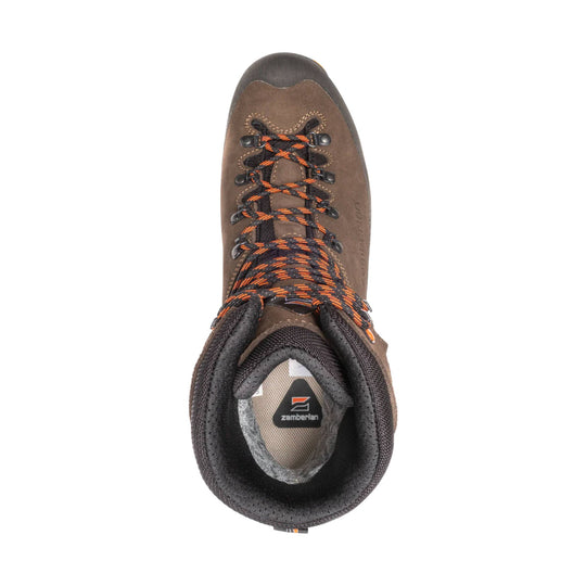 Brown hiking boot with black collar and orange-and-black laces, top view