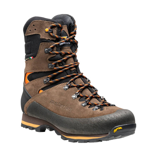 Brown and black hiking boot with orange laces, metal hardware, and a reinforced toe