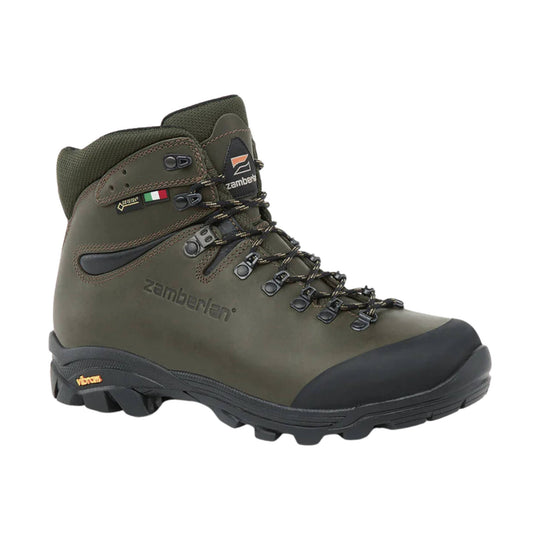 Olive green high-top hiking boot with black toe cap, metal lace hooks, and Vibram sole