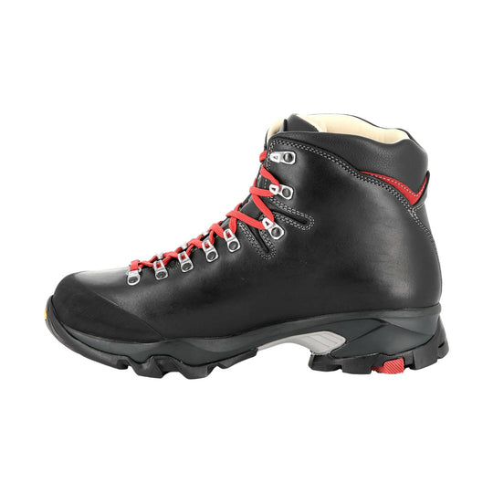 Black leather hiking boot with red laces, metal eyelets, and a rugged treaded sole, side view