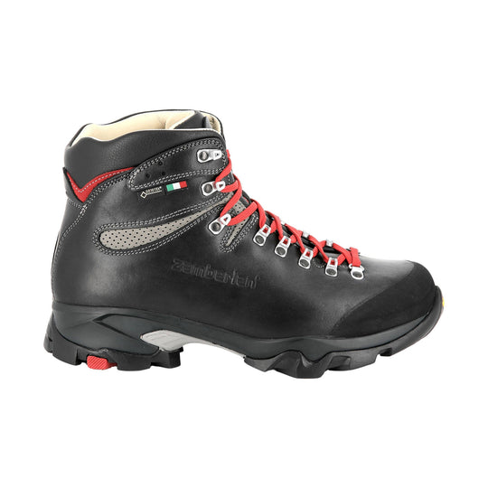 Black leather hiking boot with red laces, metal eyelets, and Gore-Tex branding