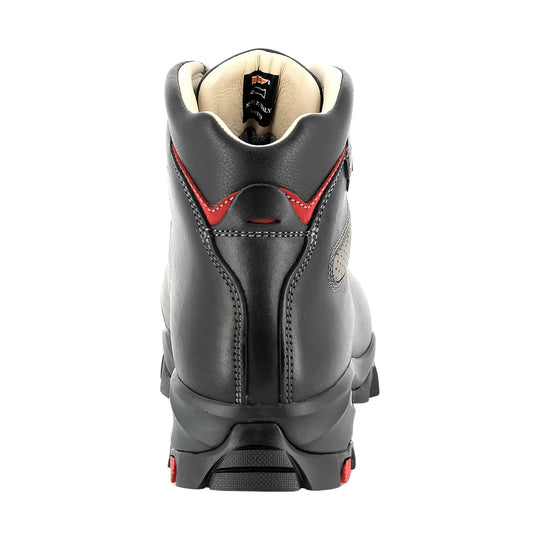 Black and gray hiking boot shown from the back with red trim and thick lugged sole