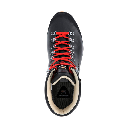 Black hiking boot with red laces, silver eyelets, and cream padded collar, viewed from above