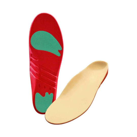 Red and beige shoe insoles with teal arch and heel support inserts