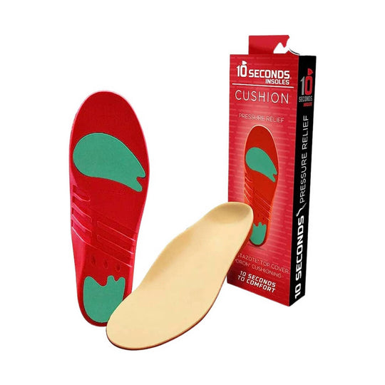 Red and teal cushioned insole shown with cream-colored top layer and product box